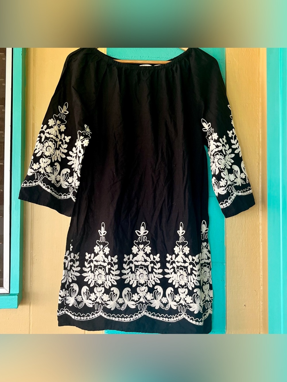 Boho Off The Shoulder Studio West Black Tunic Dress White Floral Embroidery | M